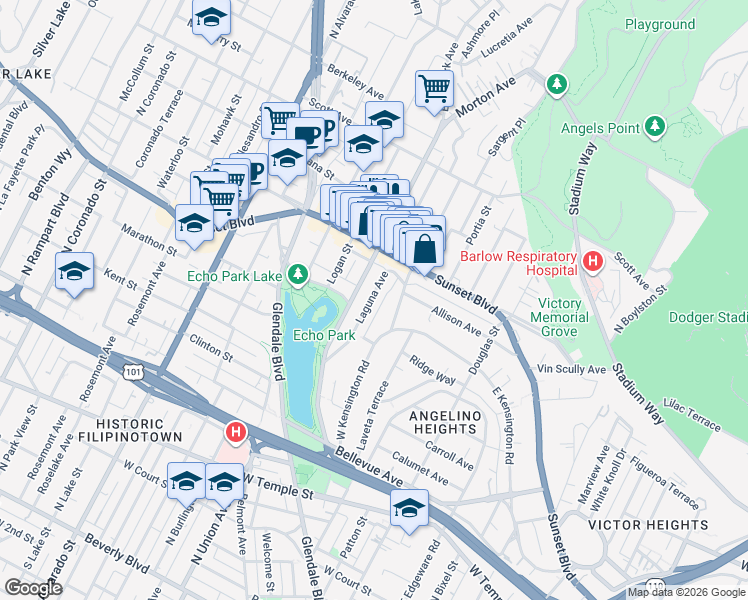 map of restaurants, bars, coffee shops, grocery stores, and more near 1076 Laguna Avenue in Los Angeles