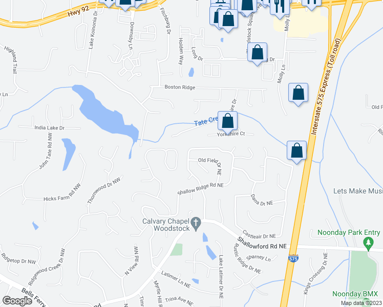 map of restaurants, bars, coffee shops, grocery stores, and more near 4993 Shallow Ridge Road Northeast in Kennesaw