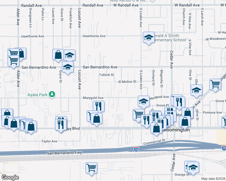 map of restaurants, bars, coffee shops, grocery stores, and more near 18325 El Molino Street in Bloomington