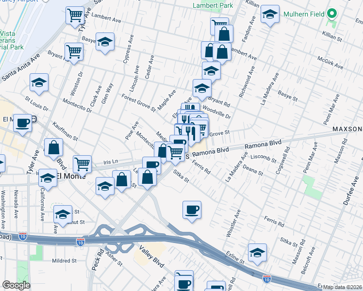 map of restaurants, bars, coffee shops, grocery stores, and more near 3825 Peck Road in El Monte