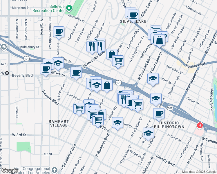 map of restaurants, bars, coffee shops, grocery stores, and more near 363 North Occidental Boulevard in Los Angeles