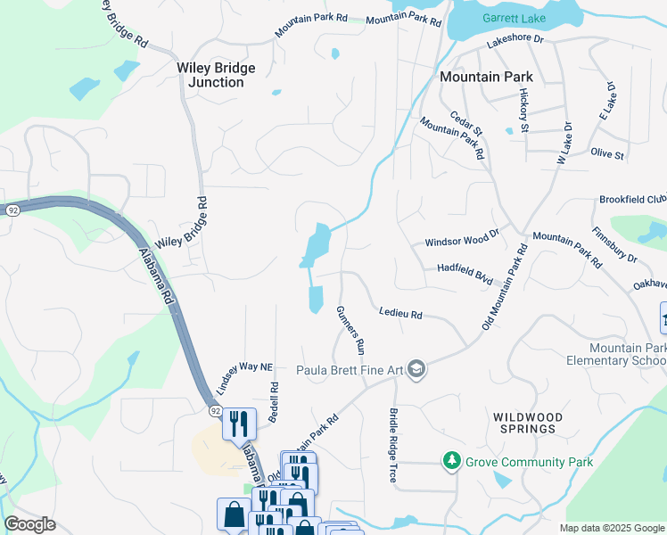 map of restaurants, bars, coffee shops, grocery stores, and more near 5003 Gunners Run in Roswell