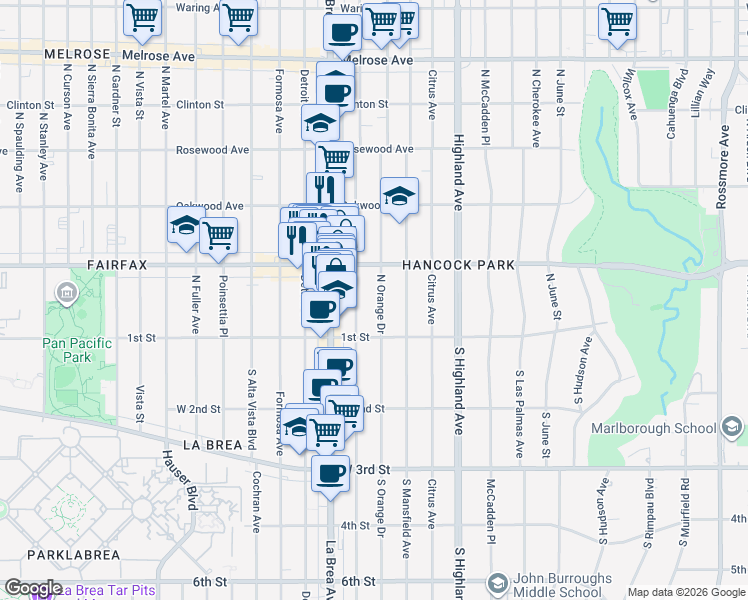 map of restaurants, bars, coffee shops, grocery stores, and more near 147 North Orange Drive in Los Angeles