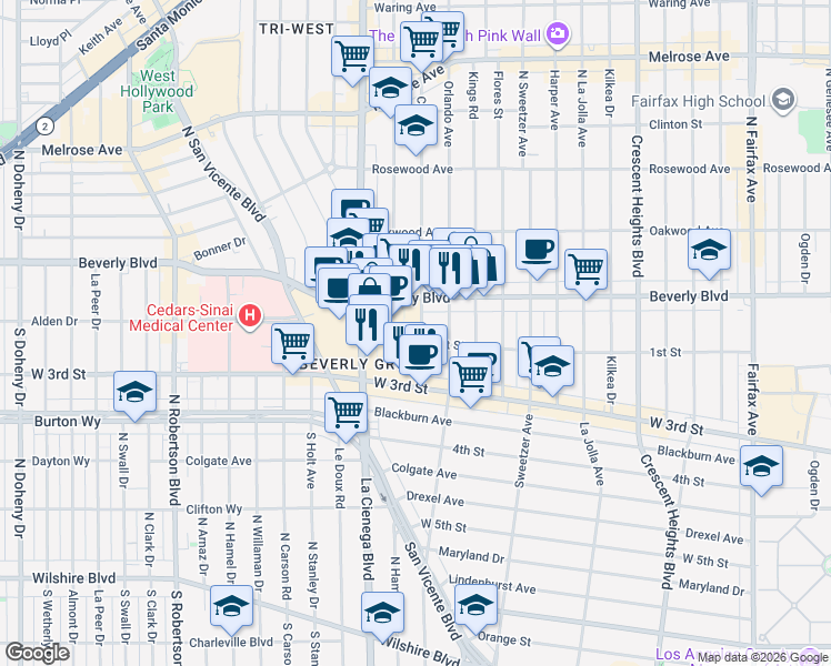 map of restaurants, bars, coffee shops, grocery stores, and more near 113 North Croft Avenue in Los Angeles