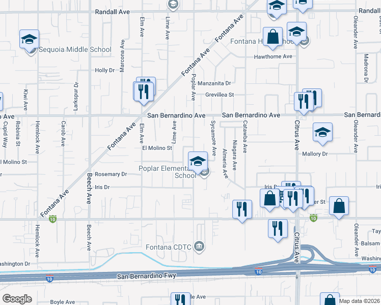 map of restaurants, bars, coffee shops, grocery stores, and more near 9802 Whitewood Court in Fontana