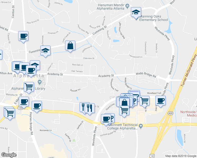 map of restaurants, bars, coffee shops, grocery stores, and more near 2580 Milford Lane in Alpharetta