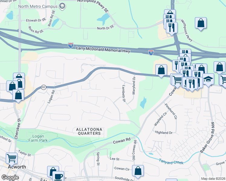 map of restaurants, bars, coffee shops, grocery stores, and more near 5083 Lambeth Court in Acworth