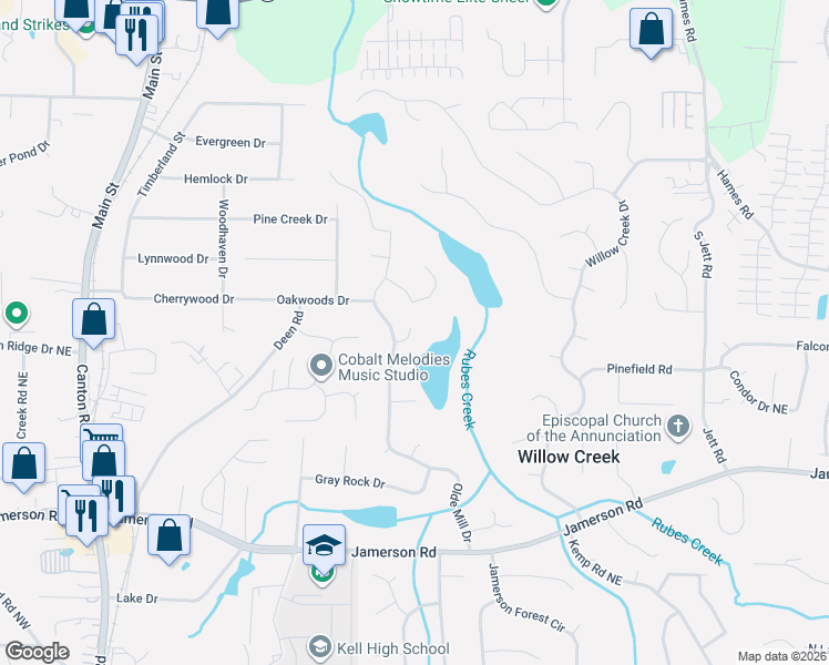 map of restaurants, bars, coffee shops, grocery stores, and more near 1434 Olde Mill Trce in Woodstock