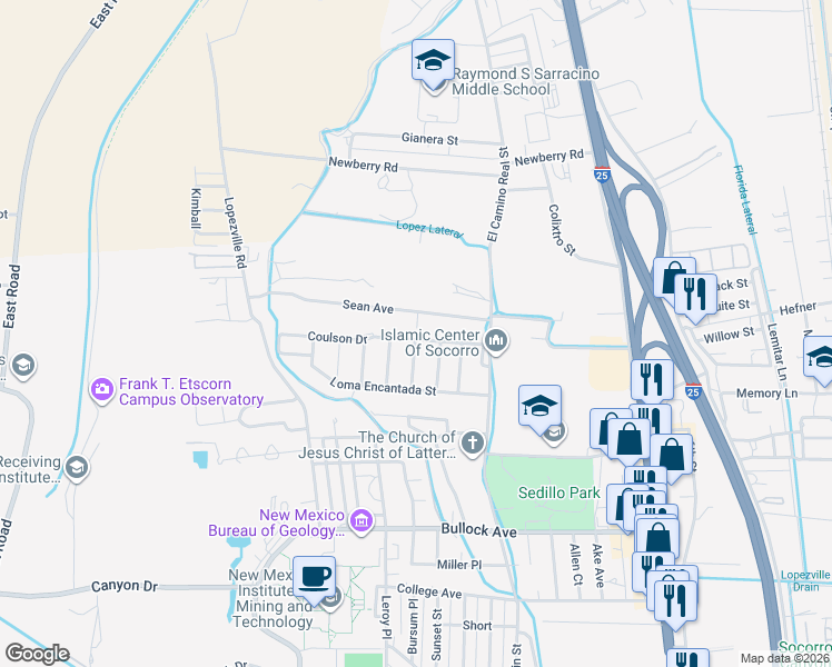 map of restaurants, bars, coffee shops, grocery stores, and more near 708 Sean Street in Socorro