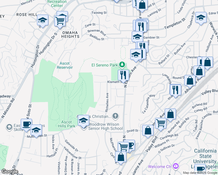 map of restaurants, bars, coffee shops, grocery stores, and more near 2468 Richelieu Avenue in Los Angeles