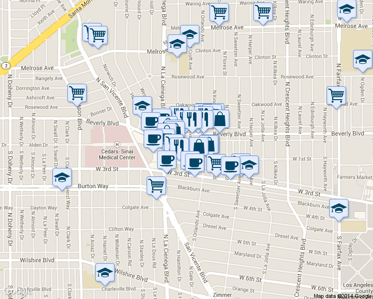 map of restaurants, bars, coffee shops, grocery stores, and more near 113 North Croft Avenue in Los Angeles
