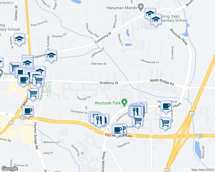 map of restaurants, bars, coffee shops, grocery stores, and more near 2610 Milford Lane in Alpharetta