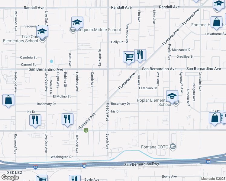 map of restaurants, bars, coffee shops, grocery stores, and more near 15327 El Molino Street in Fontana