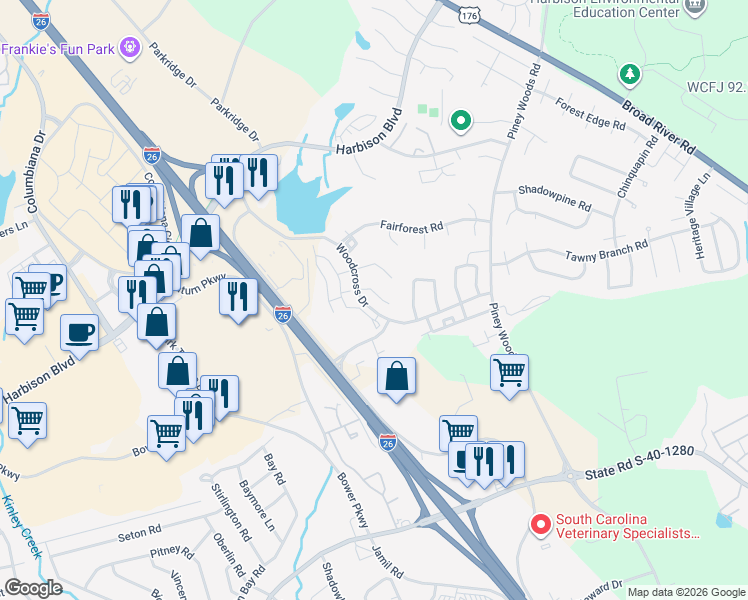 map of restaurants, bars, coffee shops, grocery stores, and more near 133 Manorwood Court in Columbia