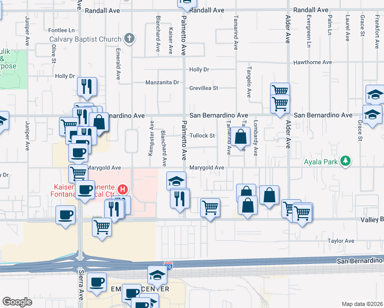 map of restaurants, bars, coffee shops, grocery stores, and more near 9847 Palmetto Avenue in Fontana