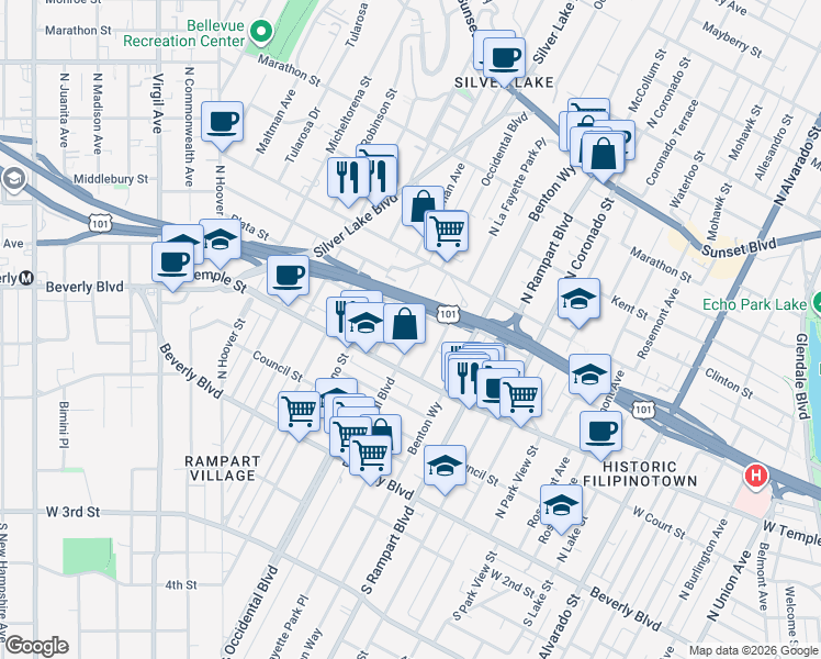 map of restaurants, bars, coffee shops, grocery stores, and more near 345 Occidental Boulevard in Los Angeles