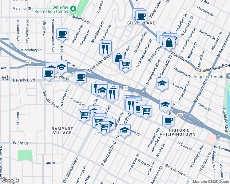 map of restaurants, bars, coffee shops, grocery stores, and more near 345 Occidental Boulevard in Los Angeles