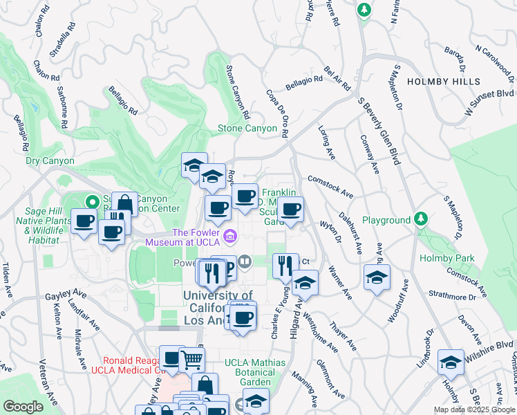 map of restaurants, bars, coffee shops, grocery stores, and more near 280 Charles E Young Drive North in Los Angeles