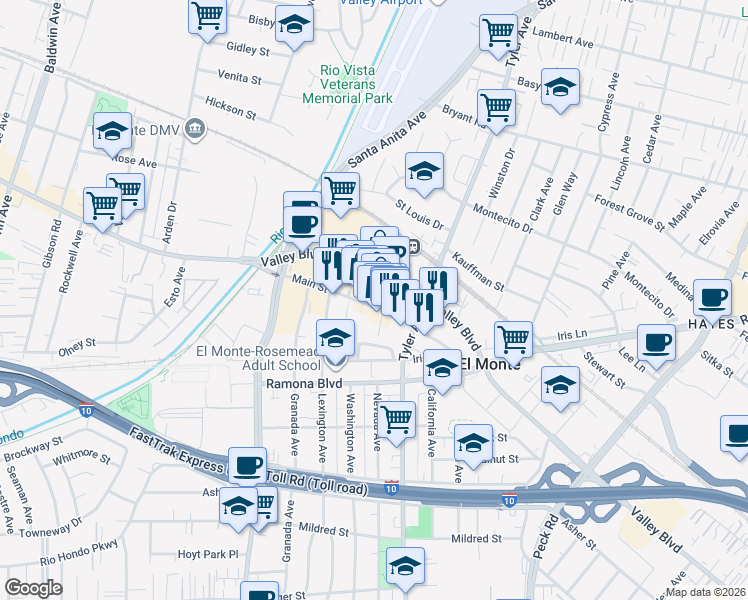 map of restaurants, bars, coffee shops, grocery stores, and more near in El Monte