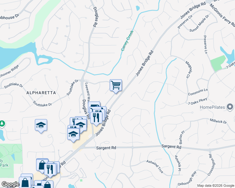 map of restaurants, bars, coffee shops, grocery stores, and more near 11770 Leeward Walk Circle in Alpharetta