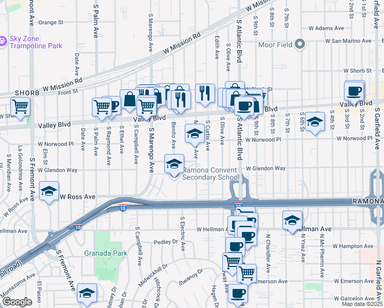 map of restaurants, bars, coffee shops, grocery stores, and more near 1603 Marguerita Avenue in Alhambra