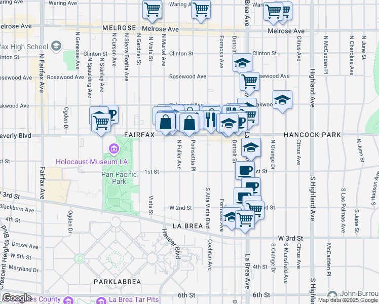 map of restaurants, bars, coffee shops, grocery stores, and more near 147 North Poinsettia Place in Los Angeles