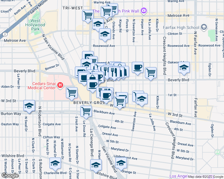map of restaurants, bars, coffee shops, grocery stores, and more near in Los Angeles