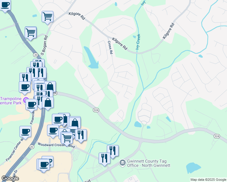 map of restaurants, bars, coffee shops, grocery stores, and more near 3180 Hallmark Lane Northeast in Buford