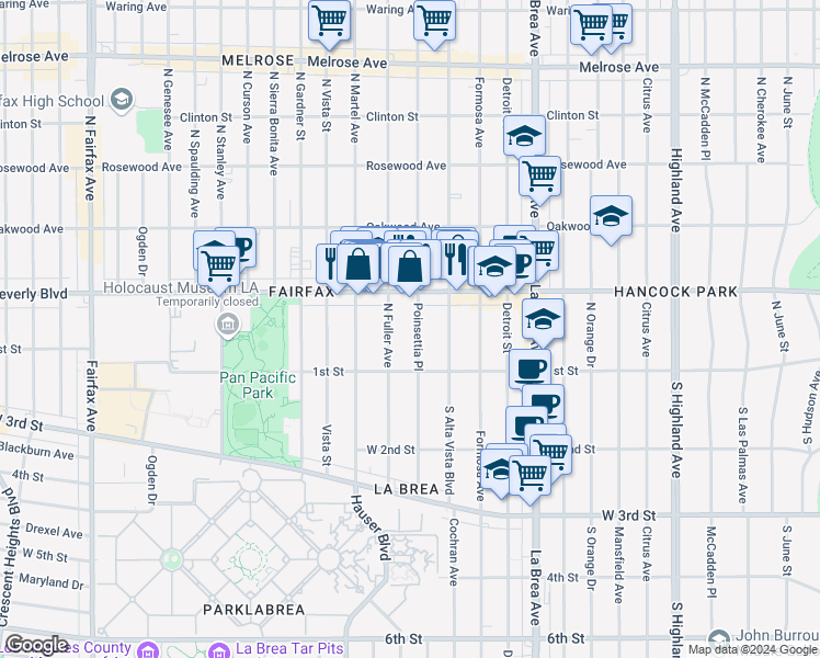 map of restaurants, bars, coffee shops, grocery stores, and more near 147 North Poinsettia Place in Los Angeles