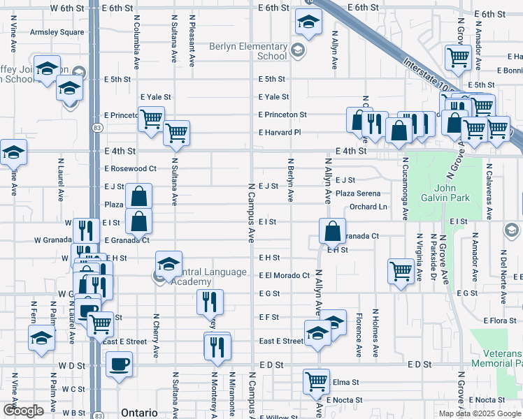 map of restaurants, bars, coffee shops, grocery stores, and more near 714 Plaza Serena in Ontario