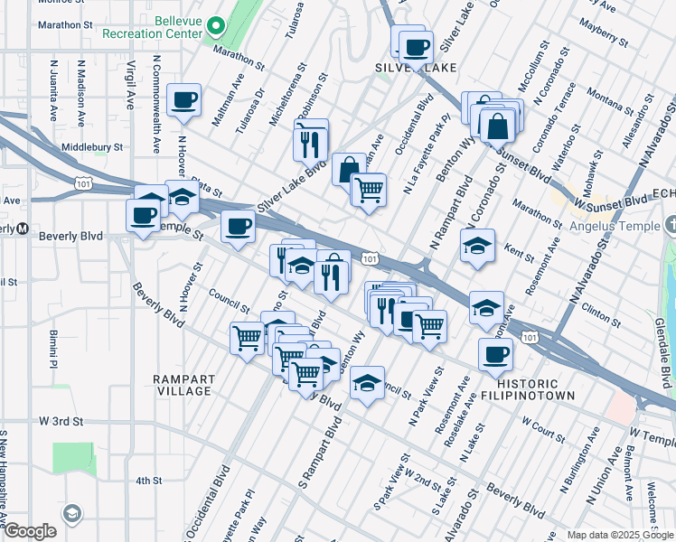 map of restaurants, bars, coffee shops, grocery stores, and more near 363 North Occidental Boulevard in Los Angeles