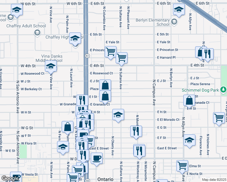 map of restaurants, bars, coffee shops, grocery stores, and more near 404 Plaza Serena in Ontario