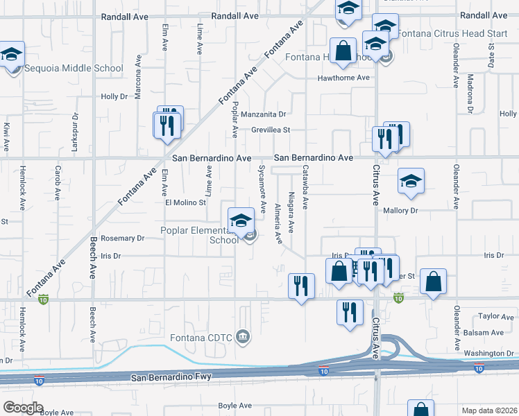 map of restaurants, bars, coffee shops, grocery stores, and more near 9811 Sycamore Avenue in Fontana