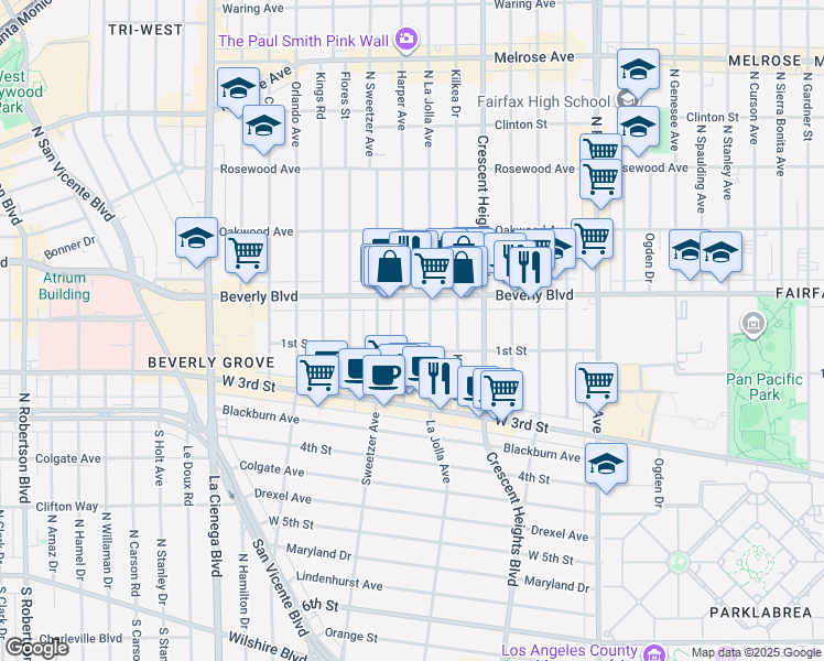 map of restaurants, bars, coffee shops, grocery stores, and more near 118 North Harper Avenue in Los Angeles