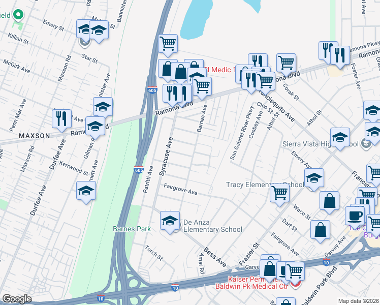 map of restaurants, bars, coffee shops, grocery stores, and more near 12760 Royston Street in Baldwin Park