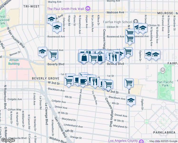 map of restaurants, bars, coffee shops, grocery stores, and more near 118 North Harper Avenue in Los Angeles