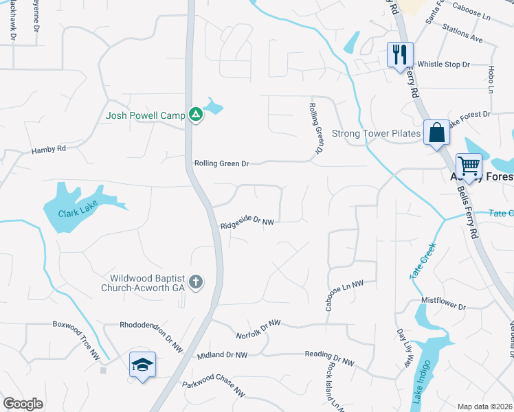 map of restaurants, bars, coffee shops, grocery stores, and more near 4843 Green Forest Court Northwest in Acworth