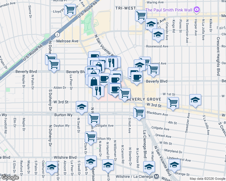 map of restaurants, bars, coffee shops, grocery stores, and more near 8700 Beverly Boulevard in Los Angeles