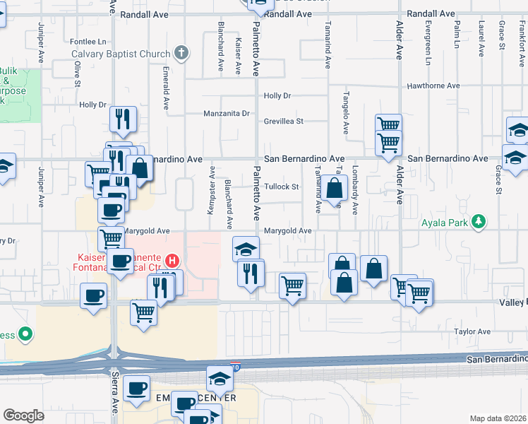 map of restaurants, bars, coffee shops, grocery stores, and more near 9847 Palmetto Avenue in Fontana