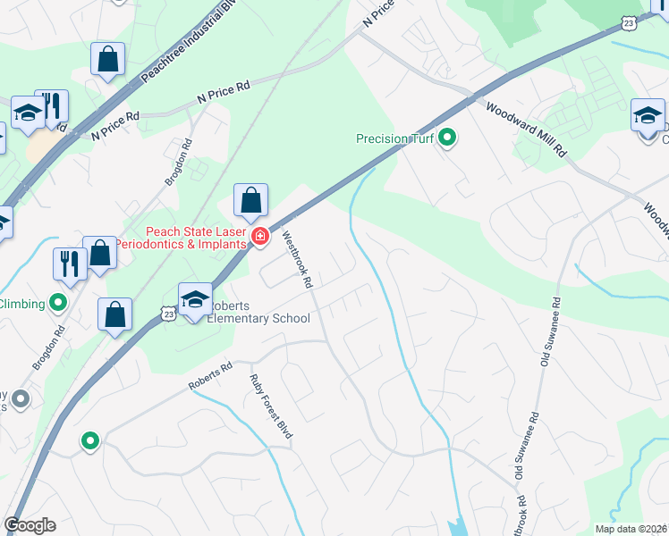 map of restaurants, bars, coffee shops, grocery stores, and more near 4250 Bridgeton Court in Suwanee