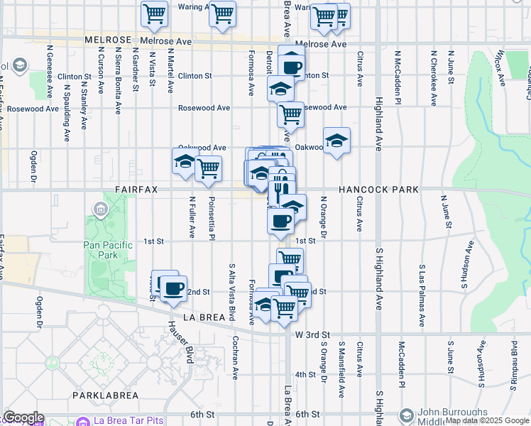 map of restaurants, bars, coffee shops, grocery stores, and more near 167 North Detroit Street in Los Angeles