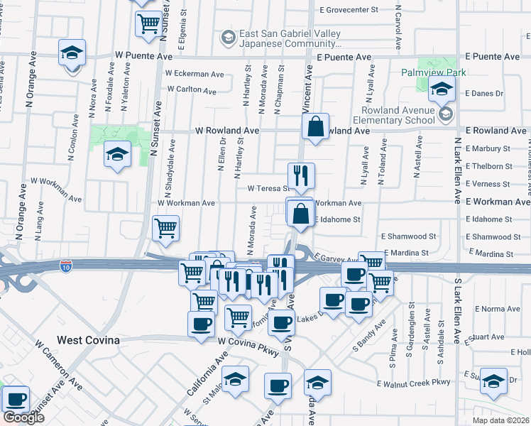 map of restaurants, bars, coffee shops, grocery stores, and more near 240 North Morada Avenue in West Covina