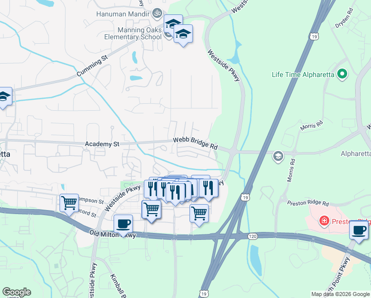map of restaurants, bars, coffee shops, grocery stores, and more near 6115 Woodland Lane in Alpharetta