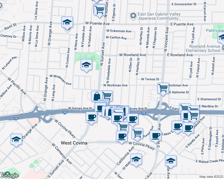 map of restaurants, bars, coffee shops, grocery stores, and more near 229 North Broadmoor Avenue in West Covina