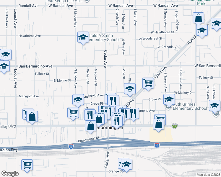 map of restaurants, bars, coffee shops, grocery stores, and more near 9847 Cedar Avenue in Bloomington