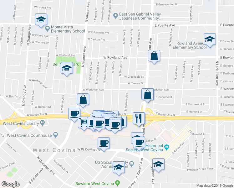 map of restaurants, bars, coffee shops, grocery stores, and more near 227 North Hartley Street in West Covina