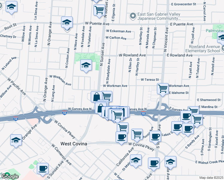 map of restaurants, bars, coffee shops, grocery stores, and more near 229 North Broadmoor Avenue in West Covina