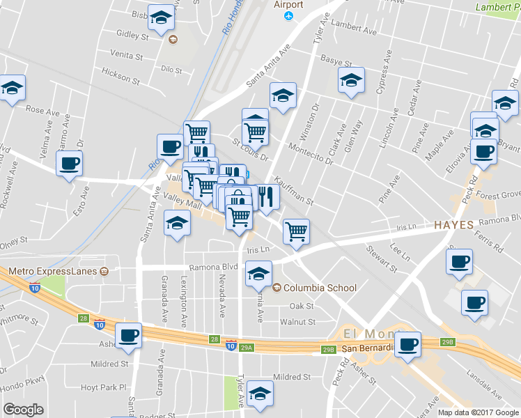 map of restaurants, bars, coffee shops, grocery stores, and more near 3652 Tyler Avenue in El Monte