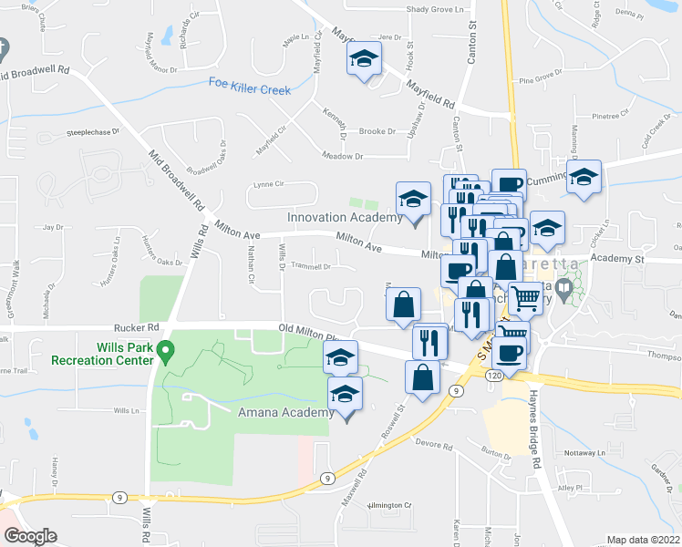 map of restaurants, bars, coffee shops, grocery stores, and more near 475 Trammell Drive in Alpharetta