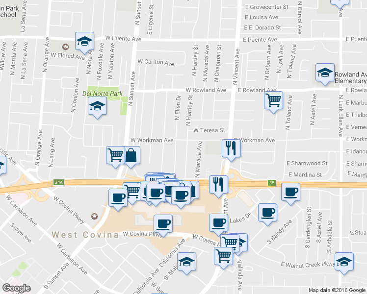 map of restaurants, bars, coffee shops, grocery stores, and more near 227 North Hartley Street in West Covina